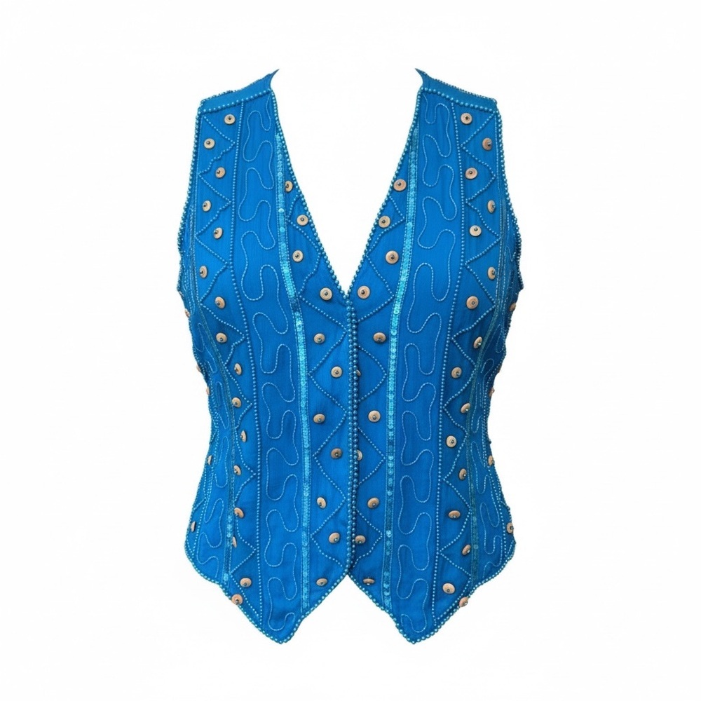 🔻Vintage Carole Little Silk Beaded Vest Teal Sequin Embellished Boho Statement S